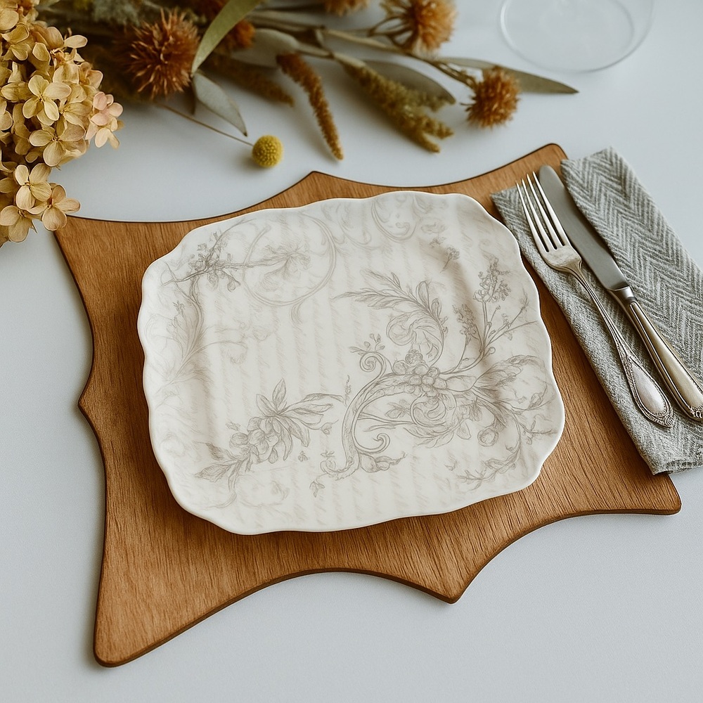 222 Fifth “Love Poem” Fine China Square Plate – 10” Gray Floral Scroll Design - Picture 1 of 8